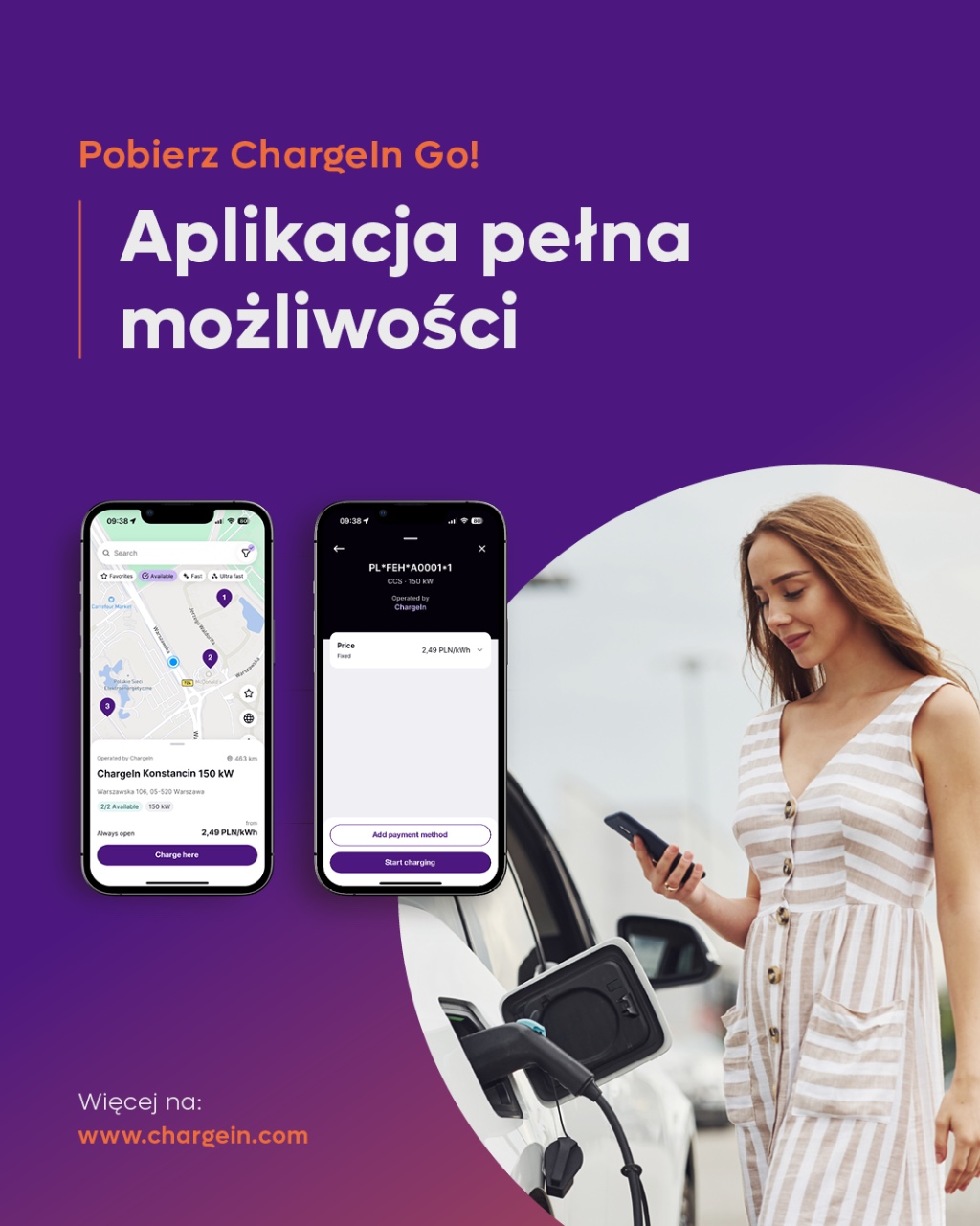Pobierz aplikację ChargeIn Go i ciesz się wygodną podróżą samochodem elektrycznym