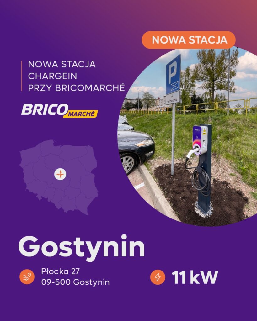 Stacja ładowania EV ChargeIn 11 kW przy Bricomarché w Gostyninie – dostępna 24/7 dla kierowców aut elektrycznych.
