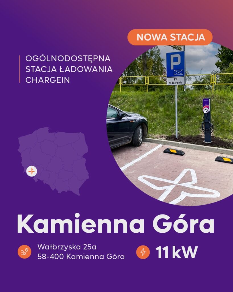Nowa stacja ładowania pojazdów elektrycznych AC ChargeIn o mocy 11 kW już dostępna w Kamiennej Górze przy ul. Wałbrzyskiej 25a. Szybkie i wygodne ładowanie 24/7 – sprawdź lokalizację!