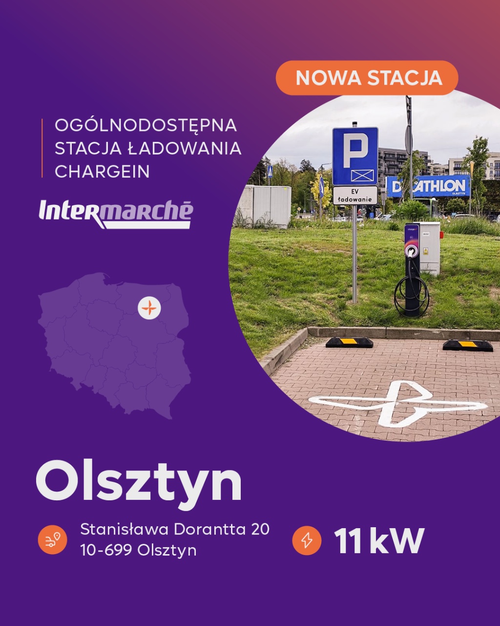 Stacja ładowania samochodów elektrycznych ChargeIn przy sklepie Intermarché w Olsztynie, ul. dr. Stanisława Dorantta 20 – ładowarka AC 11 kW, dostępna 24/7