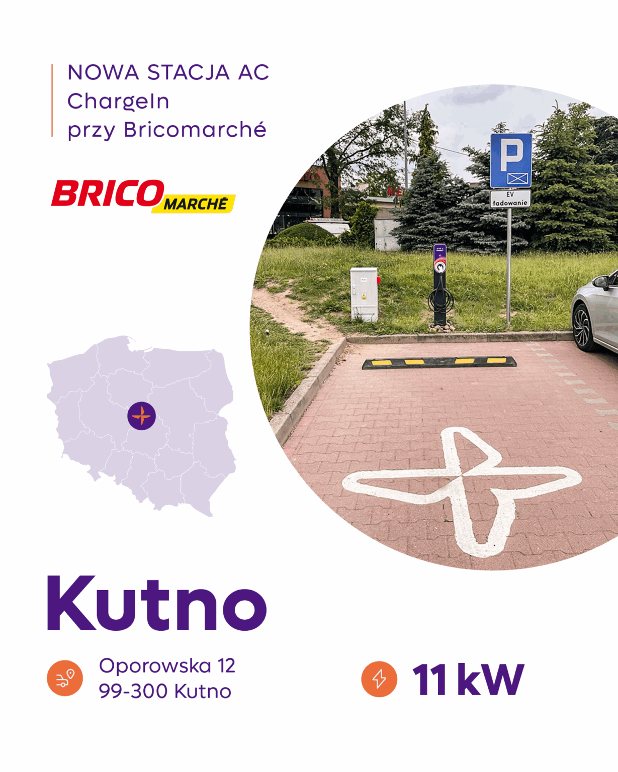 Stacja ładowania samochodów elektrycznych ChargeIn w Kutnie na parkingu Bricomarche – ładowarka AC 11 kW, dostępna całą dobę