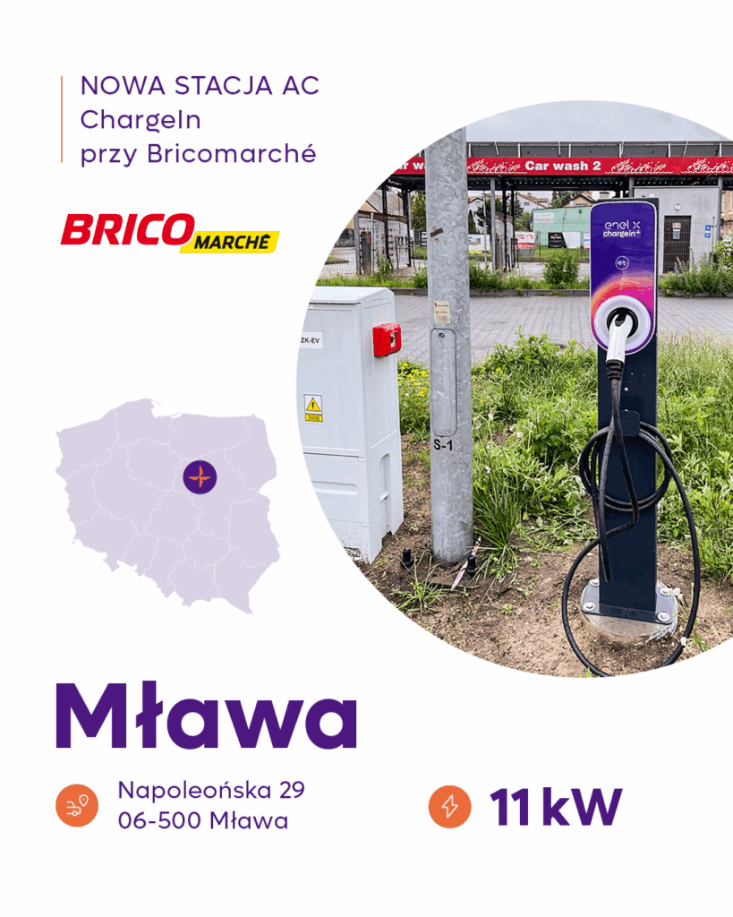 Stacja ładowania samochodów elektrycznych ChargeIn AC 11 kW w Mławie przy sklepie Bricomarche, ul. Napoleońska 29