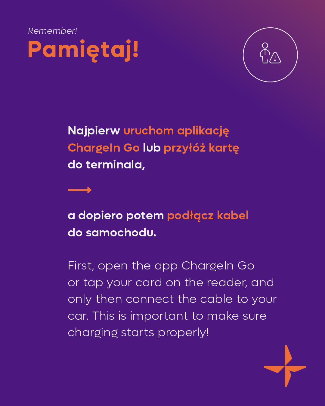 Najpierw uruchom ładowanie w aplikacji ChargeIn Go lub za pomocą terminala płatniczego.