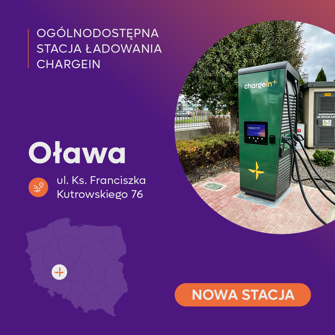 Stacja ładowania samochodów elektrycznych ChargeIn DC w Oławie – nowoczesna ładowarka o mocy 140 kW, dostępna 24/7 przy ul. Kutrowskiego 76.