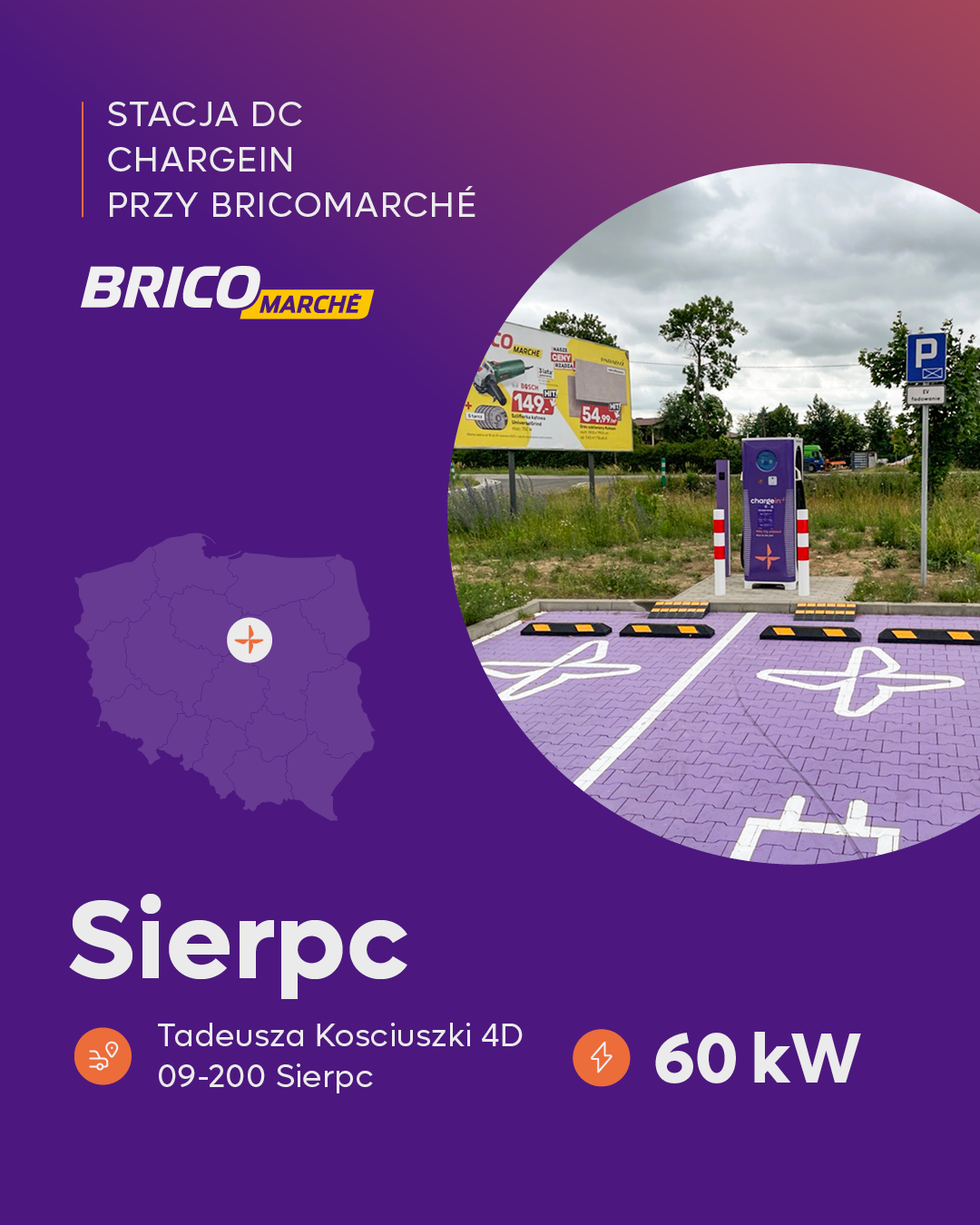 Odwiedź nową stację ładowania ChargeIn w Sierpcu – szybkie ładowanie DC 60 kW, dostęp 24/7, wygodna lokalizacja przy Bricomarché. Pobierz aplikację ChargeIn Go!