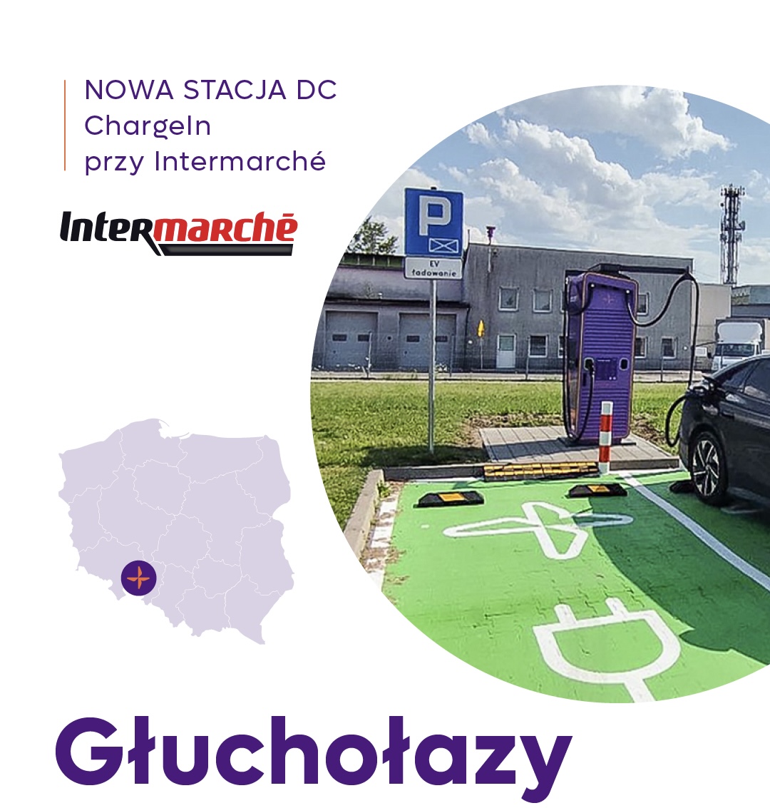 Stacja ładowania samochodów elektrycznych ChargeIn DC 140 kW w Głuchołazach, przy ul. Grunwaldzkiej 2 – widok na ładowarki i otoczenie.
