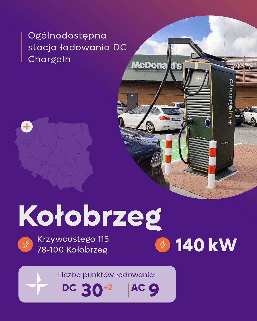 Stacja ładowania samochodów elektrycznych ChargeIn DC 140 kW w Kołobrzegu przy ul. Bolesława Krzywoustego 115 – nowoczesny punkt ładowania dostępny całą dobę