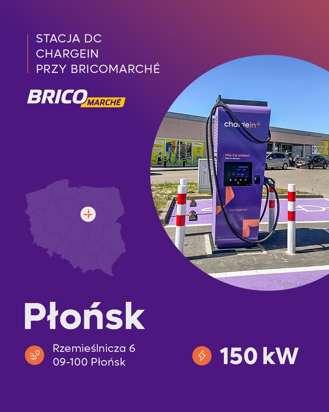 Stacja ładowania samochodów elektrycznych ChargeIn DC 50 kW w Płońsku przy sklepie Bricomarché