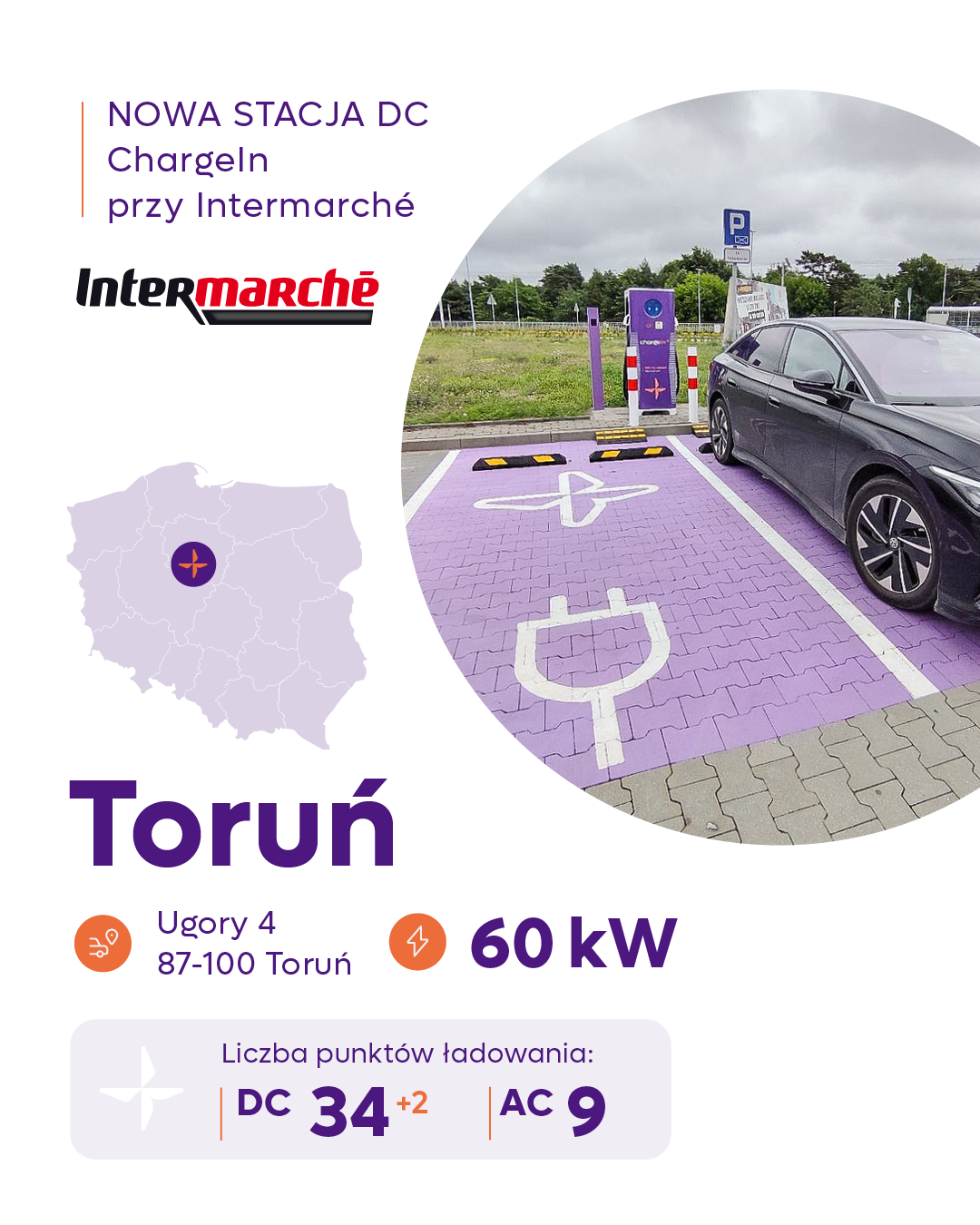 Stacja ładowania ChargeIn DC 60 kW w Toruniu przy ul. Ugory 4, obok Intermarché.