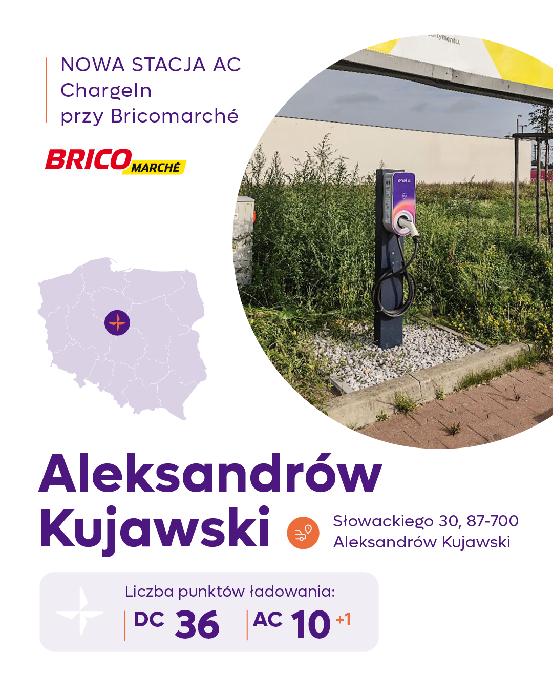 Nowa stacja ładowania samochodów elektrycznych ChargeIn przy Bricomarche, ul. Juliusza Słowackiego 30, Aleksandrów Kujawski