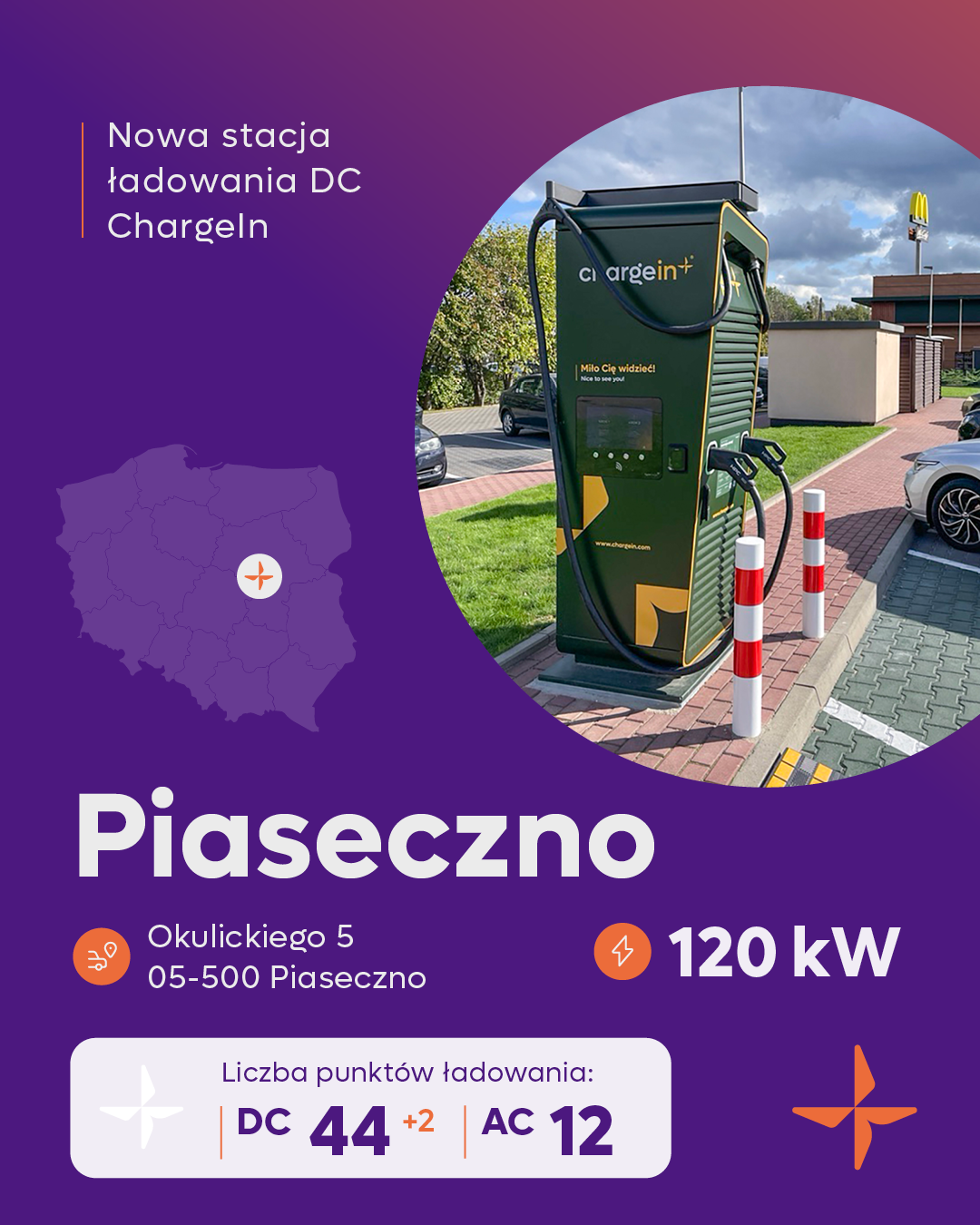 Stacja DC w Piasecznie to kolejna stacja ChargeIn na mapie województwa mazowieckiego i całej Polski