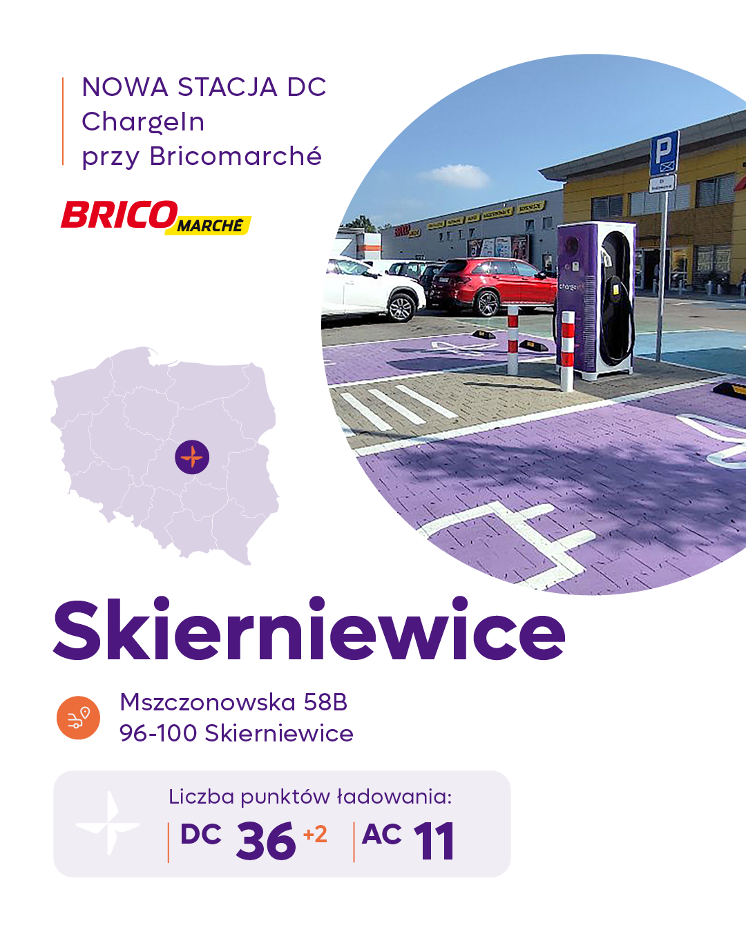 Stacja ładowania samochodów elektrycznych DC 50 kW ChargeIn w Skierniewicach przy ul. Mszczonowskiej 58B, obok sklepu Bricomarche