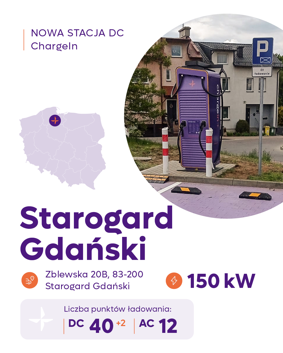 Stacja szybkiego ładowania ChargeIn 150 kW przy Bricomarché w Starogardzie Gdańskim, ul. Zblewska 20B