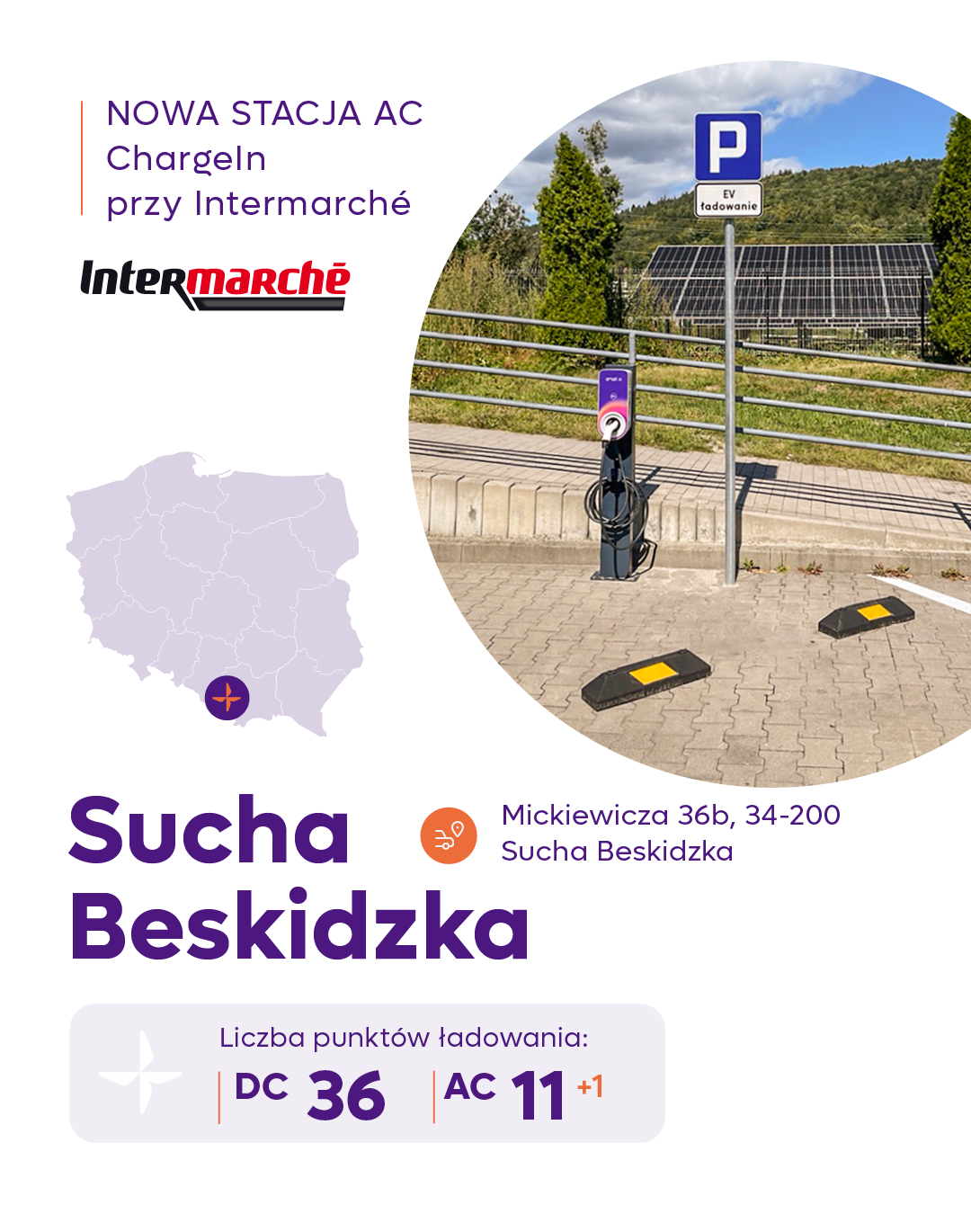 Stacja ładowania samochodów elektrycznych ChargeIn w Suchej Beskidzkiej przy ul. Adama Mickiewicza 36B — nowoczesna infrastruktura dla kierowców EV.