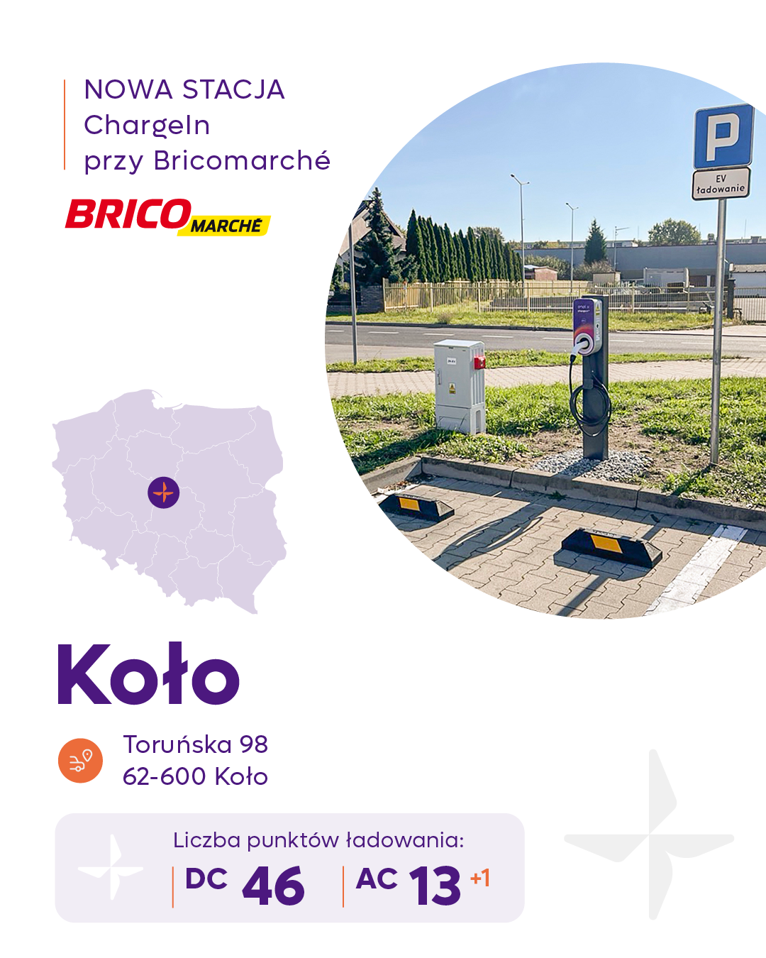 Sieć stacji ładowania ChargeIn rozwija się. Kierowcy mogą korzystać z nowej lokalizacji - ul. Toruńska 98, 62-600 Koło