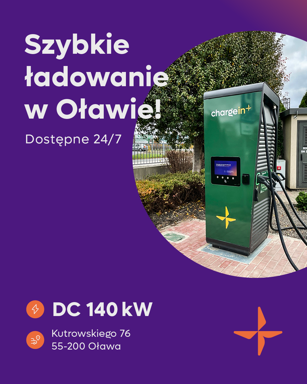 ChargeIn oferuje komfortowe i wygodne ładowanie. 1,69 zł/kWh na stacji ładowania w Oławie.