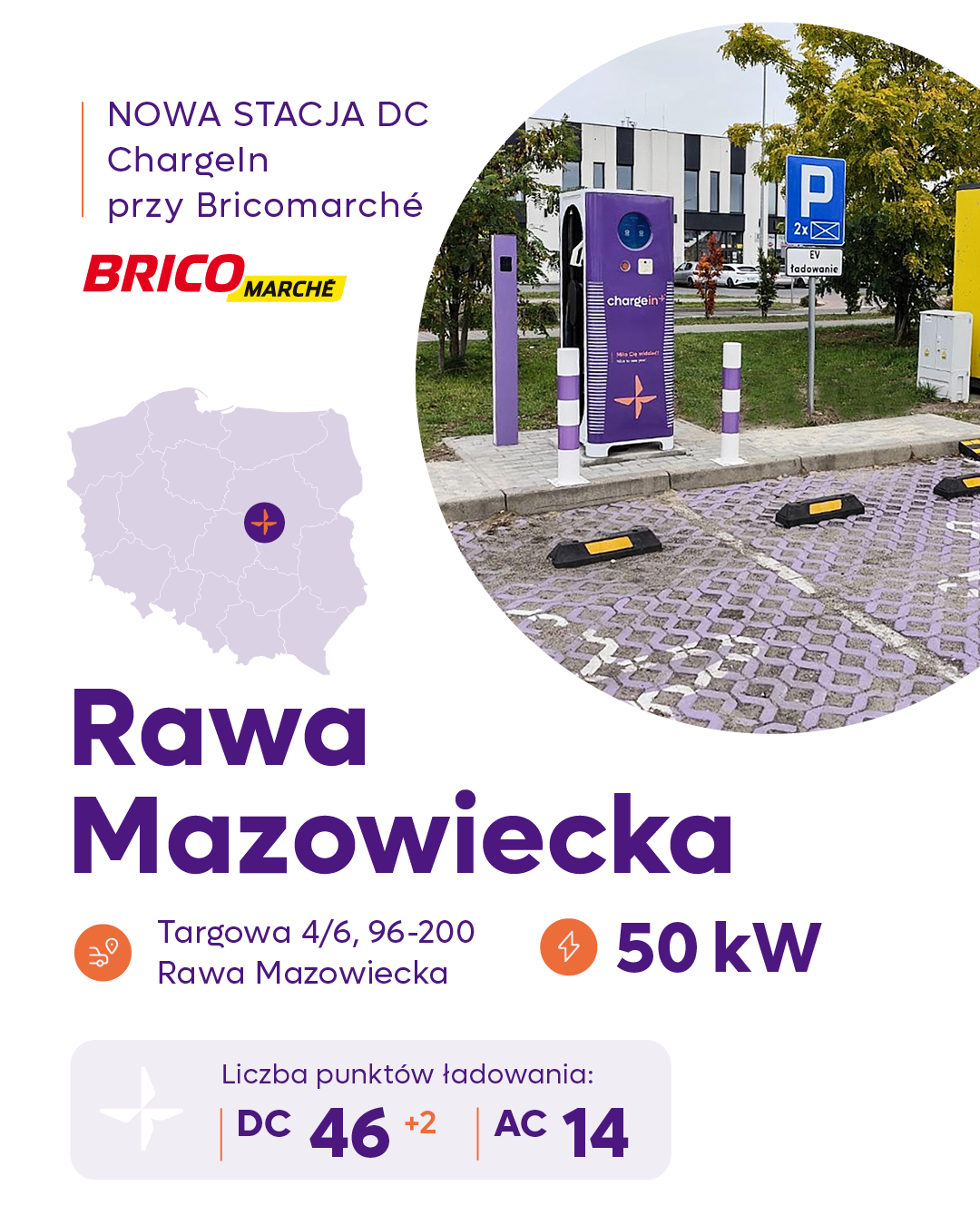 ChargeIn rozwija sieć stacji ładowania samochodów elektrycznych. Rawa Mazowiecka - to kolejny punkt na mapie. Stacja EV DC 50 kW.