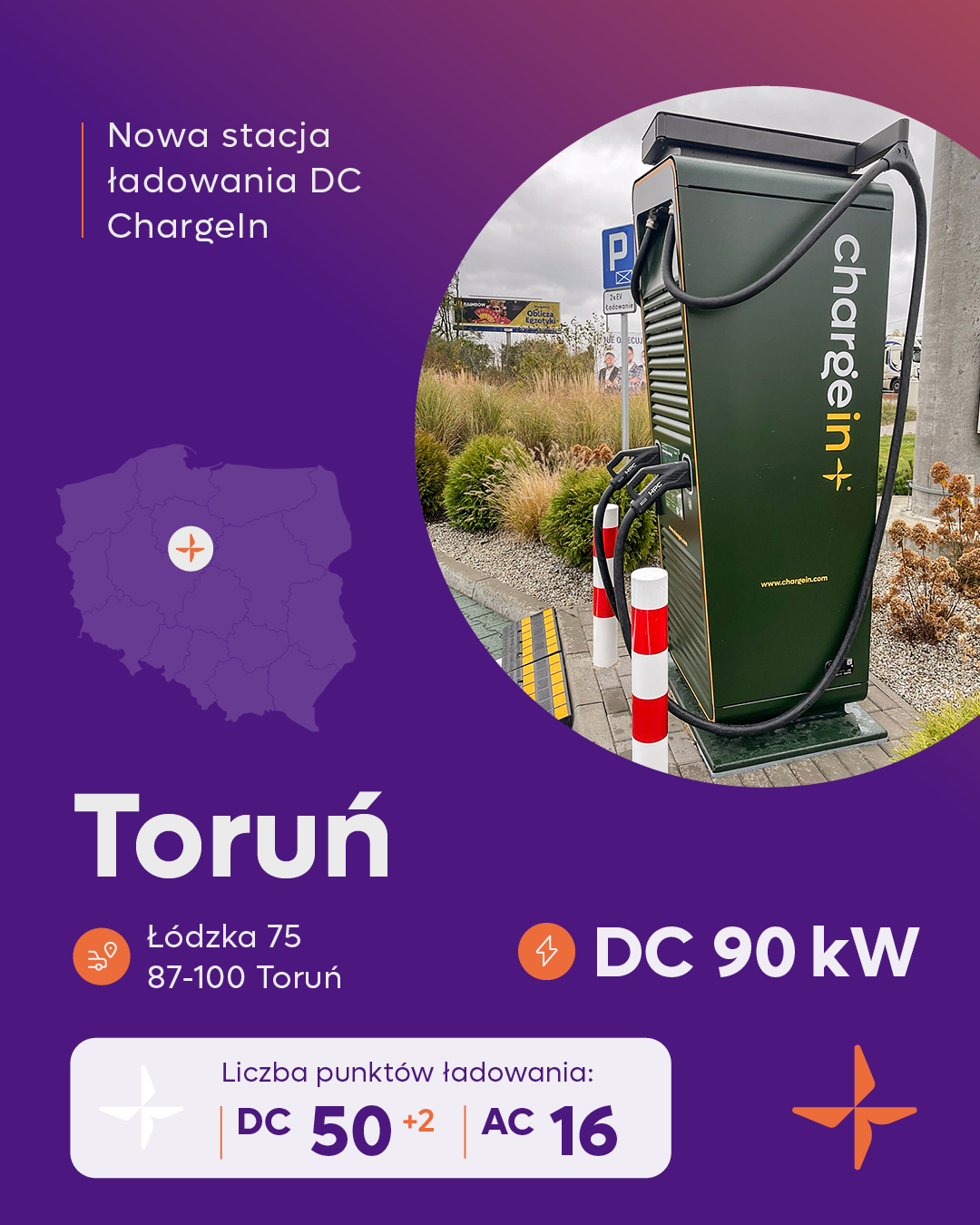 ChargeIn uruchomił kolejną stację ładowania DC w Toruniu - przy ul. Łódzkiej 76. Stacja DC 60 kW znajduje się przy ul. Ugory 4.