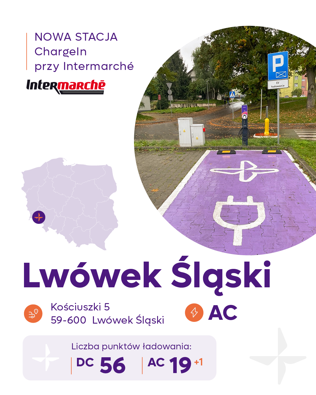 Korzystaj ze stacji ładowania ChargeIn. Nowa stacje EV: Tadeusza Kościuszki 5, 59-600 Lwówek Śląski.
