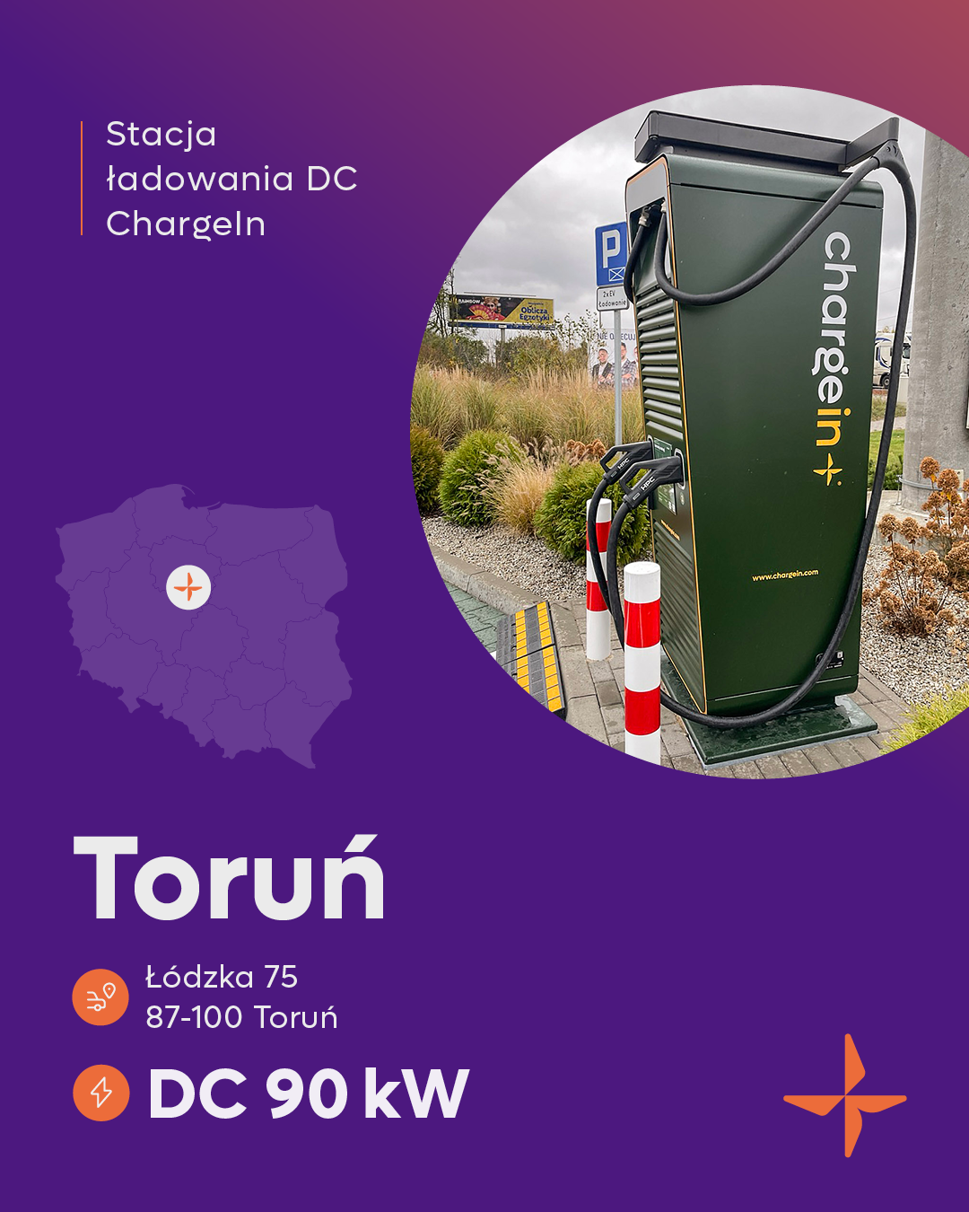 Stacja ładowania - Toruń, ul. Łódzka 75. Moc: DC 90 kW