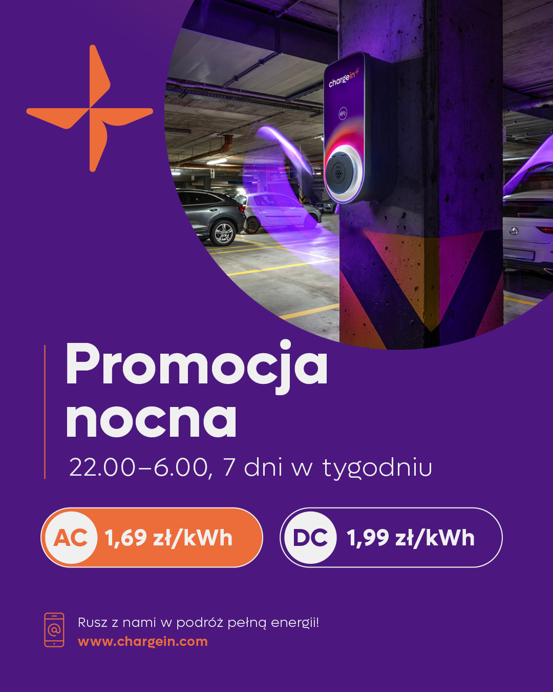 Zapraszamy do korzystania z promocji nocnej 7 dni w tygodniu na stacjach EV ChargeIn.