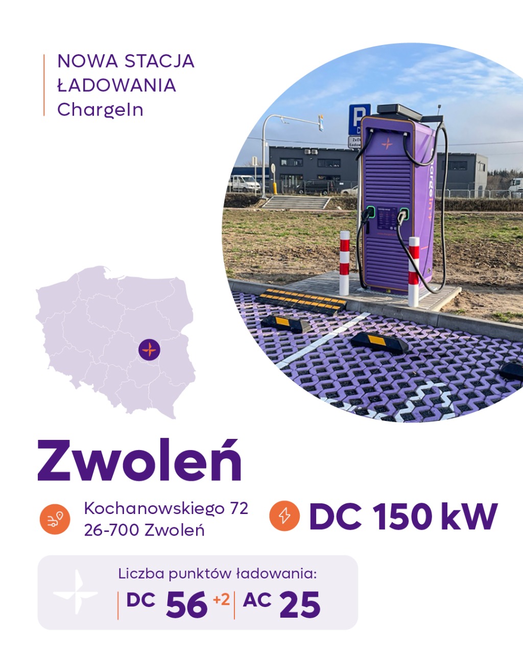 Kolejna stacja ładowania ChargeIn w województwie mazowieckim - Zwoleń, ul. Kochanowskiego 72