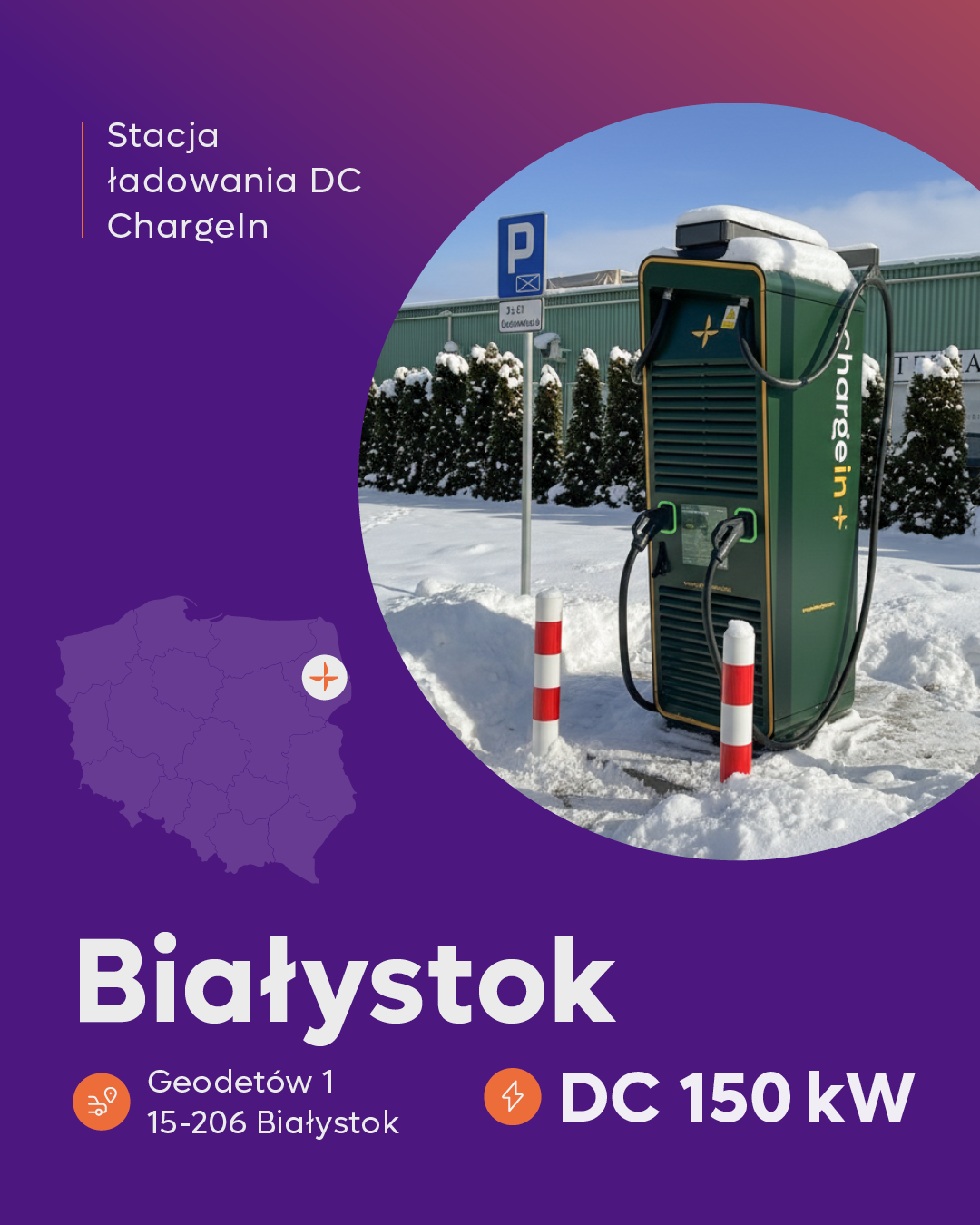 Szybkie ładowanie samochodu elektrycznego na stacji ChargeIn DC 150 kW w Białymstoku