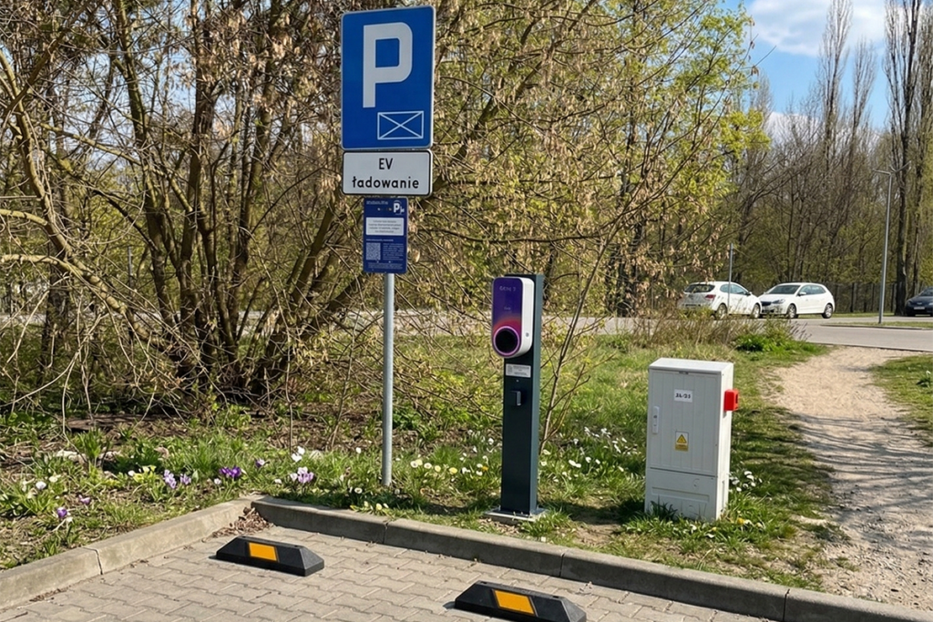 Obrazek przedstawia stację ładowania samochodów elektrycznych AC.